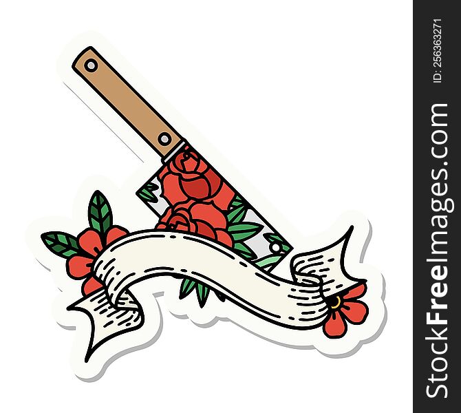 Tattoo Sticker With Banner Of A Cleaver And Flowers