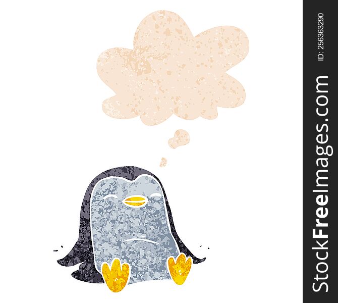 Cartoon Penguin And Thought Bubble In Retro Textured Style