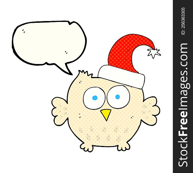 freehand drawn comic book speech bubble cartoon little owl wearing christmas hat