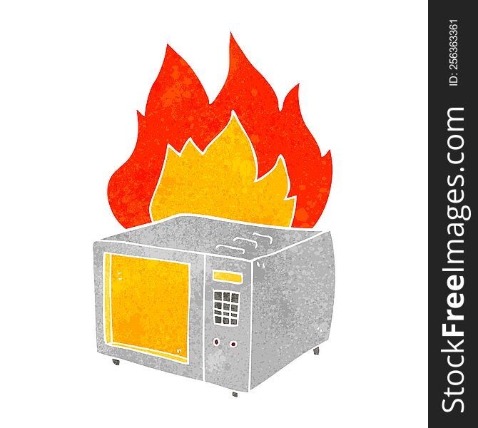 freehand retro cartoon microwave on fire