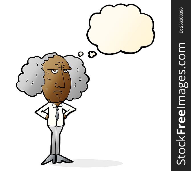 cartoon big hair lecturer man with thought bubble
