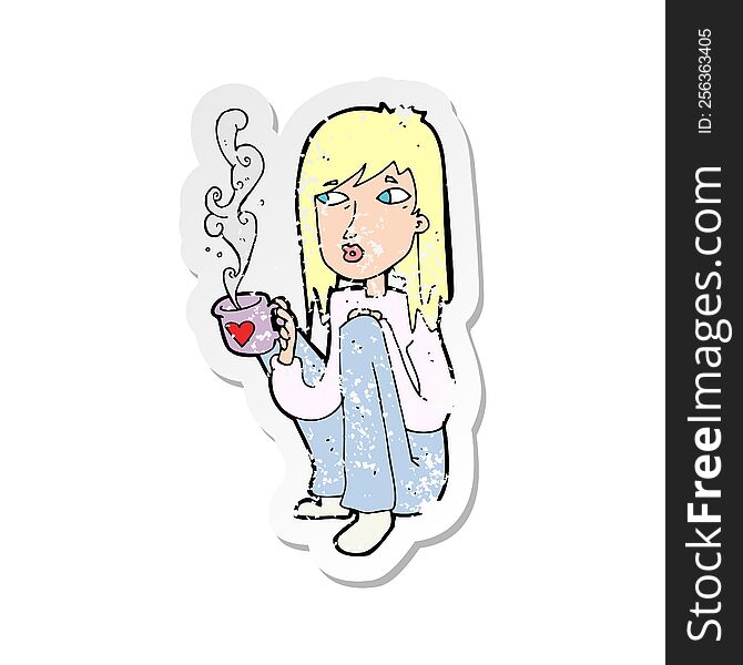 Retro Distressed Sticker Of A Cartoon Woman With Cup Of Coffee