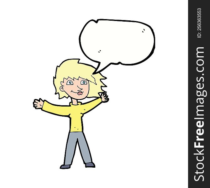 Cartoon Excited Woman Waving With Speech Bubble