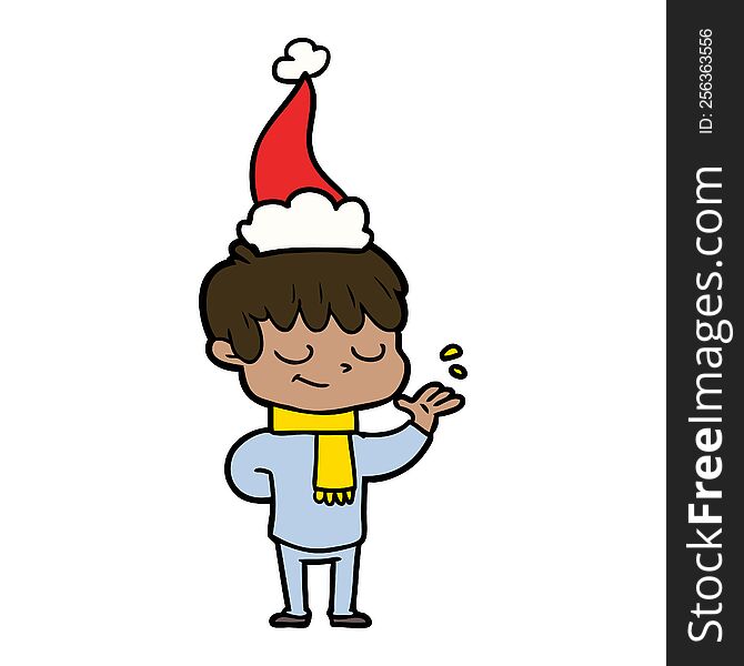 hand drawn line drawing of a happy boy wearing santa hat