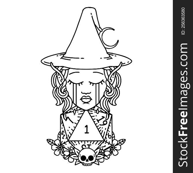 Black and White Tattoo linework Style crying elf witch with natural one D20 roll. Black and White Tattoo linework Style crying elf witch with natural one D20 roll