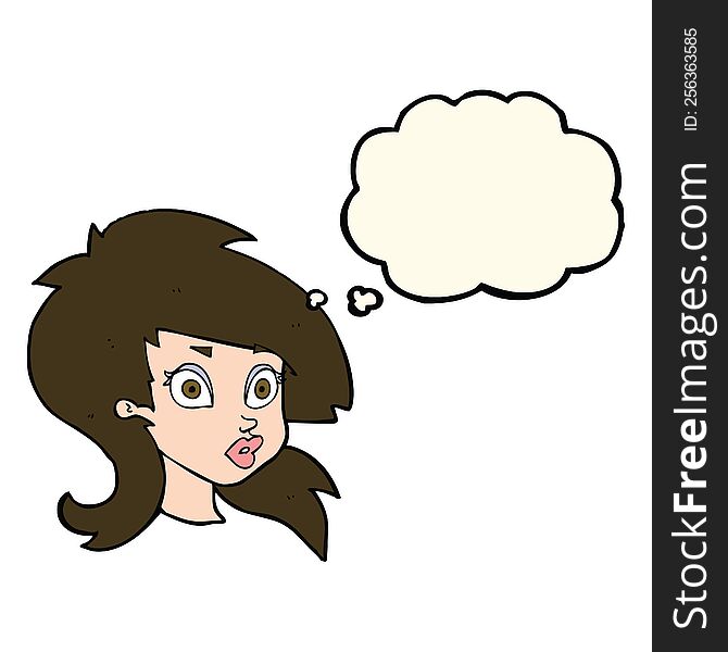 cartoon pretty surprised woman with thought bubble