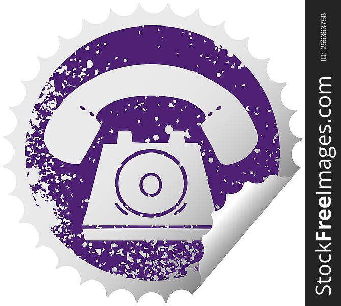 distressed circular peeling sticker symbol of a old telephone