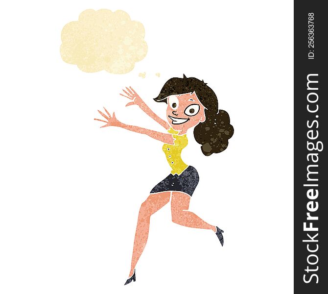 cartoon happy woman jumping with thought bubble