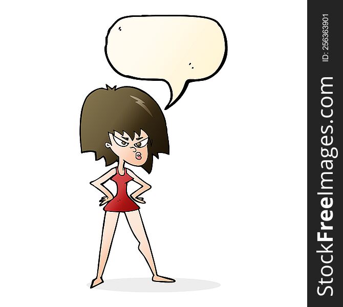 cartoon angry woman in dress with speech bubble