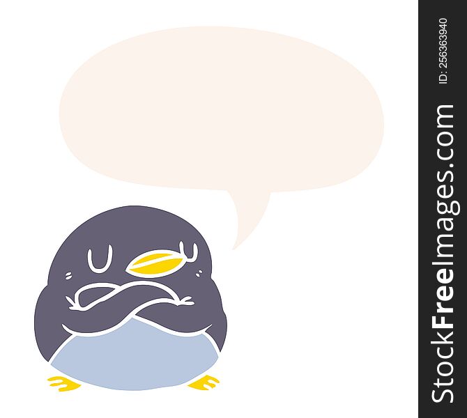 Cartoon Penguin And Crossed Arms And Speech Bubble In Retro Style