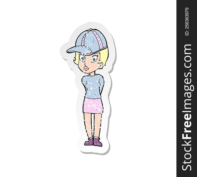Retro Distressed Sticker Of A Cartoon Woman In Hat