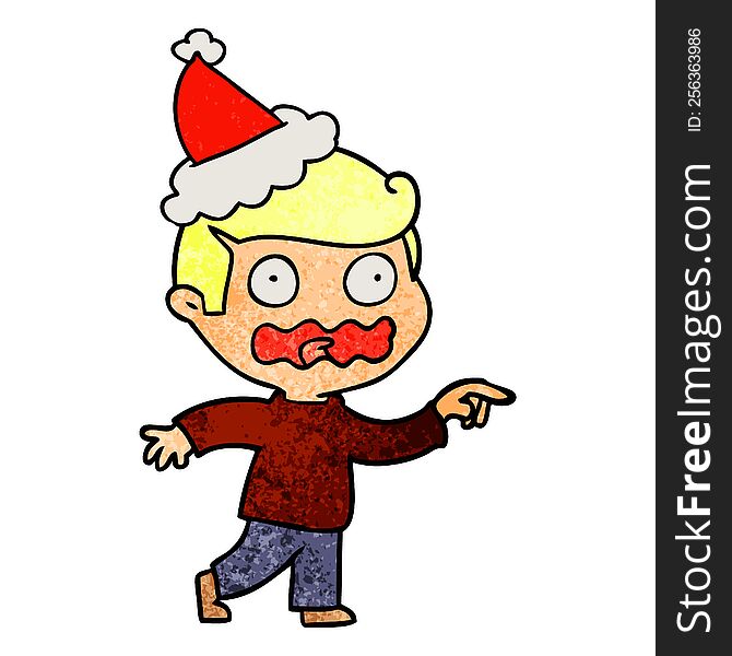 hand drawn textured cartoon of a stressed out pointing wearing santa hat