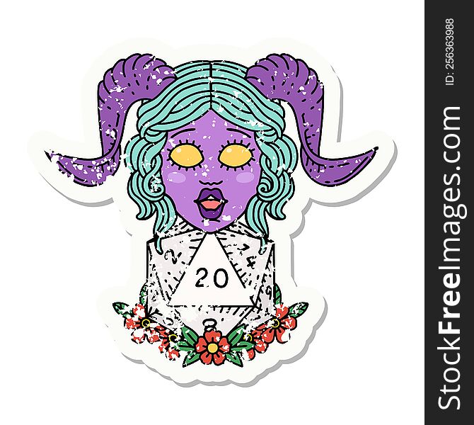 grunge sticker of a tiefling with natural twenty dice roll. grunge sticker of a tiefling with natural twenty dice roll