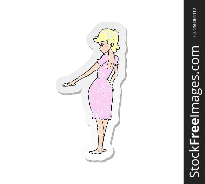retro distressed sticker of a cartoon pretty woman looking at nails