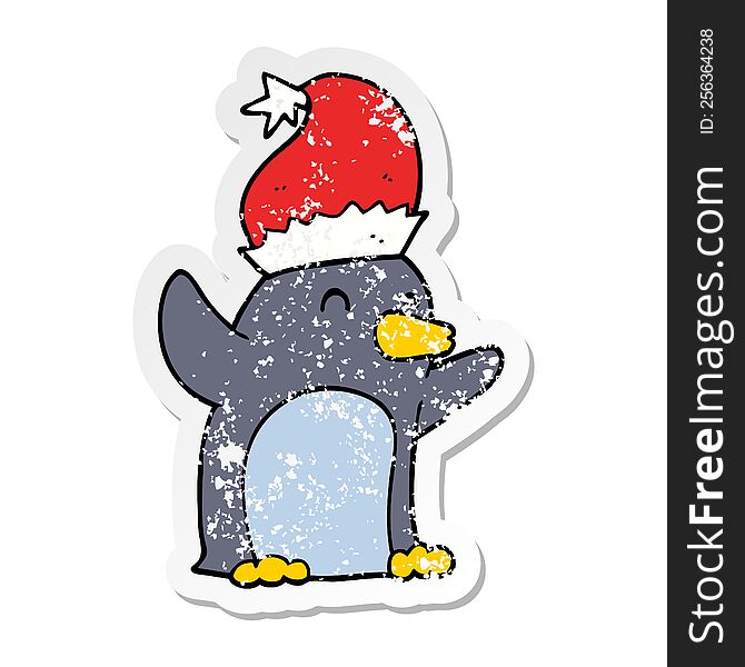 Distressed Sticker Of A Cute Cartoon Christmas Penguin