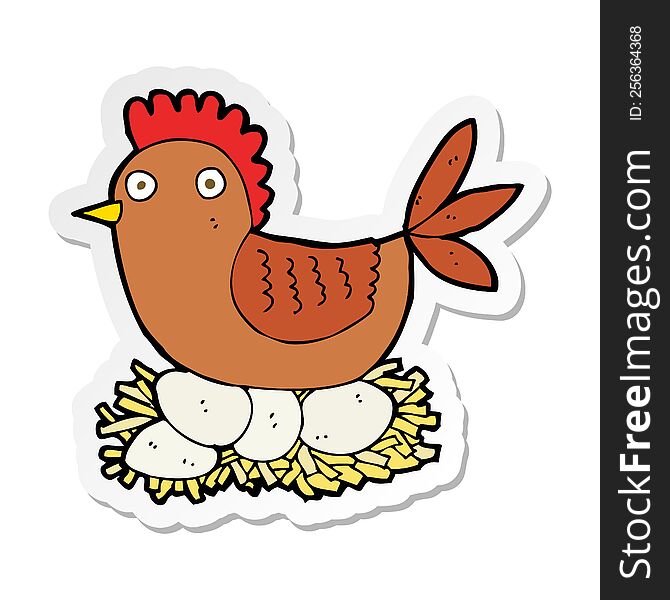 Sticker Of A Cartoon Hen On Eggs