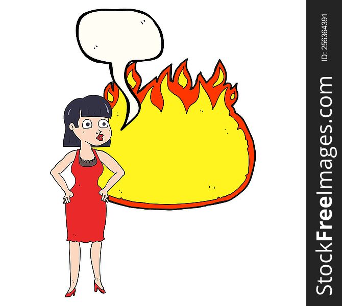 freehand drawn speech bubble cartoon woman in dress with hands on hips and flame banner