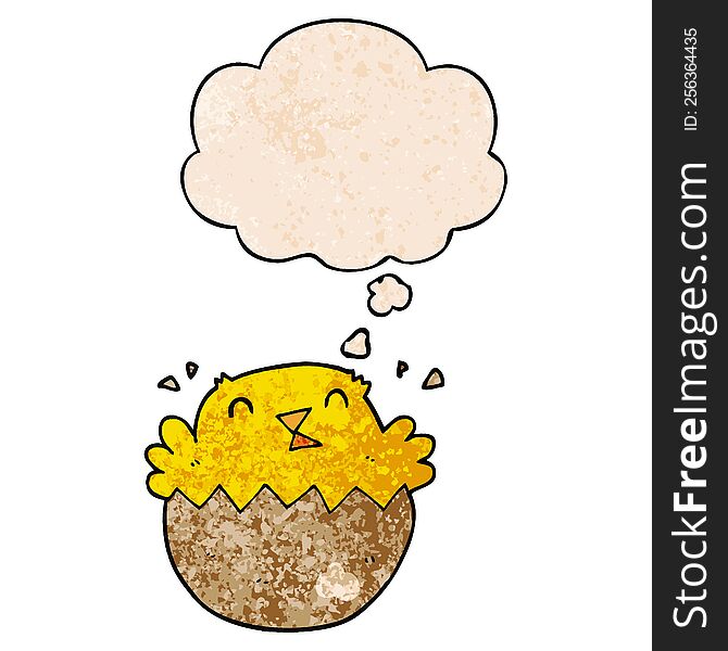 Cartoon Hatching Chick And Thought Bubble In Grunge Texture Pattern Style