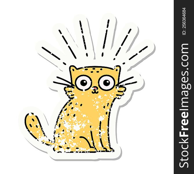 worn old sticker of a tattoo style surprised cat. worn old sticker of a tattoo style surprised cat