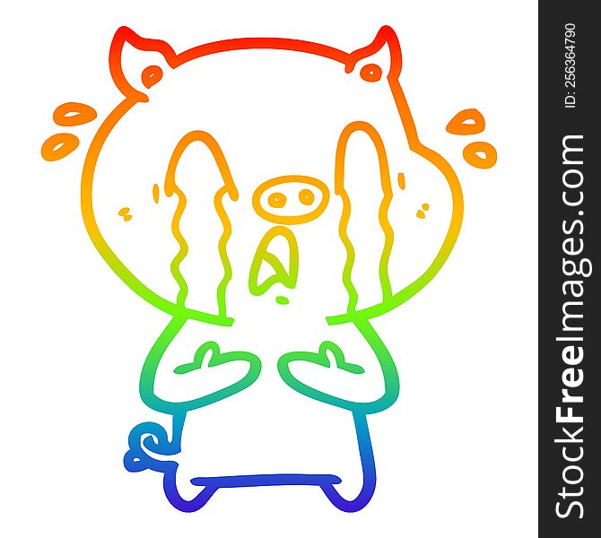 rainbow gradient line drawing of a crying pig cartoon