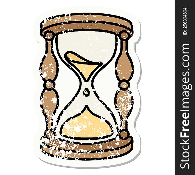 traditional distressed sticker tattoo of an hour glass