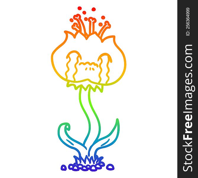 rainbow gradient line drawing of a cartoon flower crying