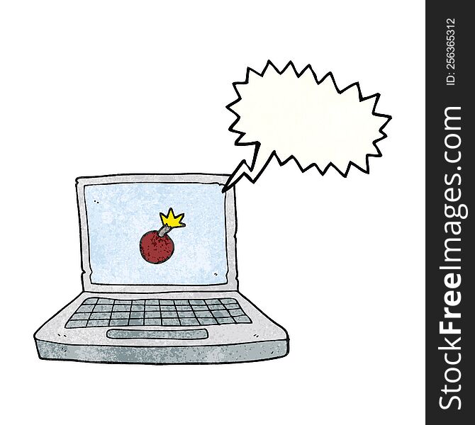 speech bubble textured cartoon laptop computer with bomb symbol