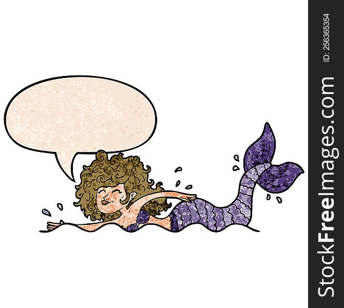 Cartoon Mermaid And Speech Bubble In Retro Texture Style