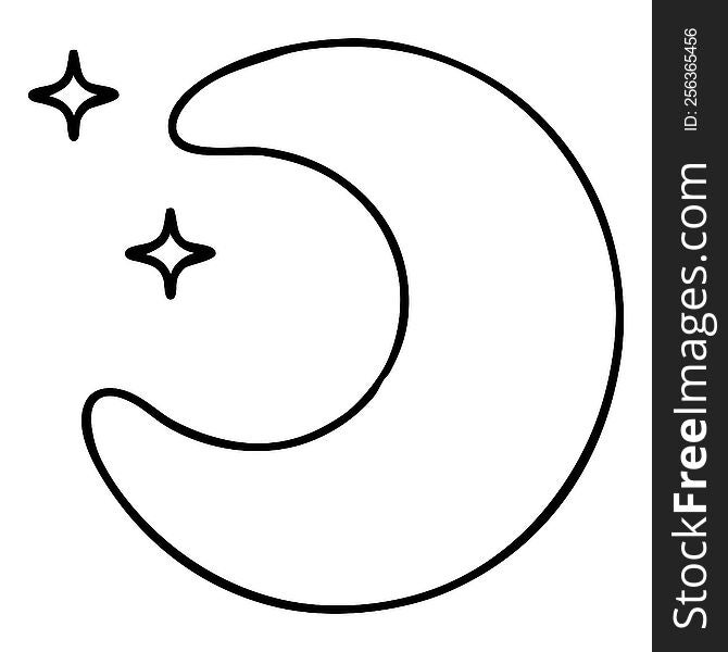 line doodle of a moon with stars. line doodle of a moon with stars