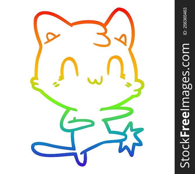 Rainbow Gradient Line Drawing Cartoon Happy Cat Karate Kicking