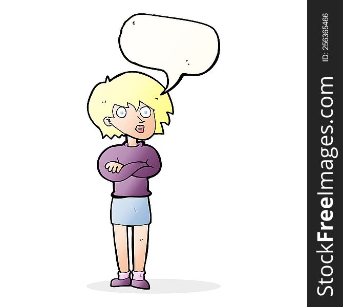 Cartoon Woman Wit Crossed Arms With Speech Bubble
