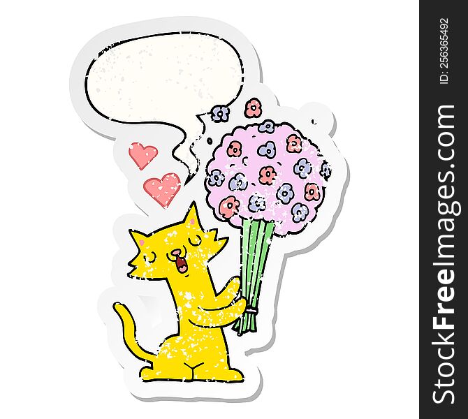 cartoon cat in love with flowers with speech bubble distressed distressed old sticker. cartoon cat in love with flowers with speech bubble distressed distressed old sticker