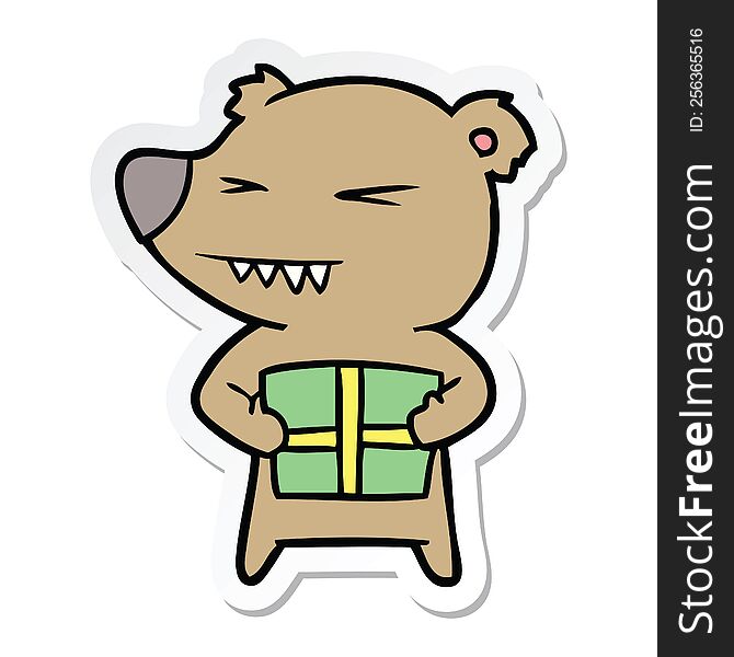Sticker Of A Angry Bear Cartoon With Gift