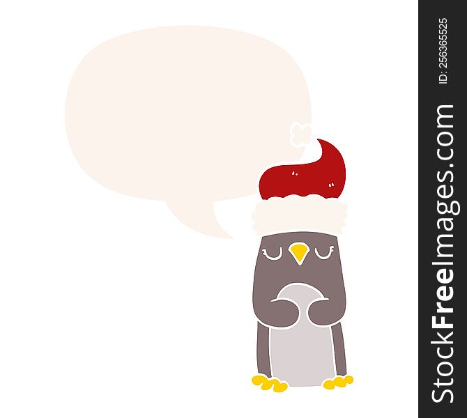 Cartoon Christmas Penguin And Speech Bubble In Retro Style