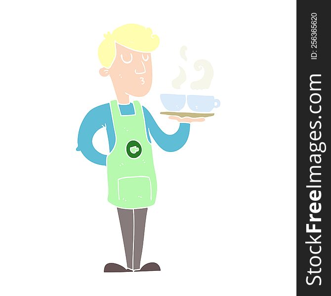Flat Color Illustration Of A Cartoon Barista Serving Coffee