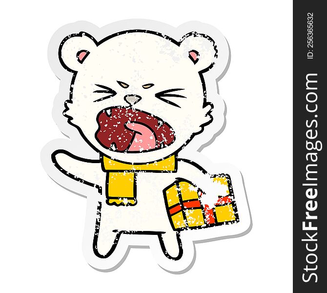 distressed sticker of a angry cartoon polar bear with christmas present