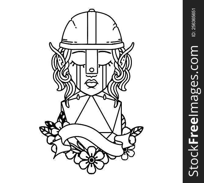 Black and White Tattoo linework Style crying elf fighter character face with natural one D20 roll. Black and White Tattoo linework Style crying elf fighter character face with natural one D20 roll