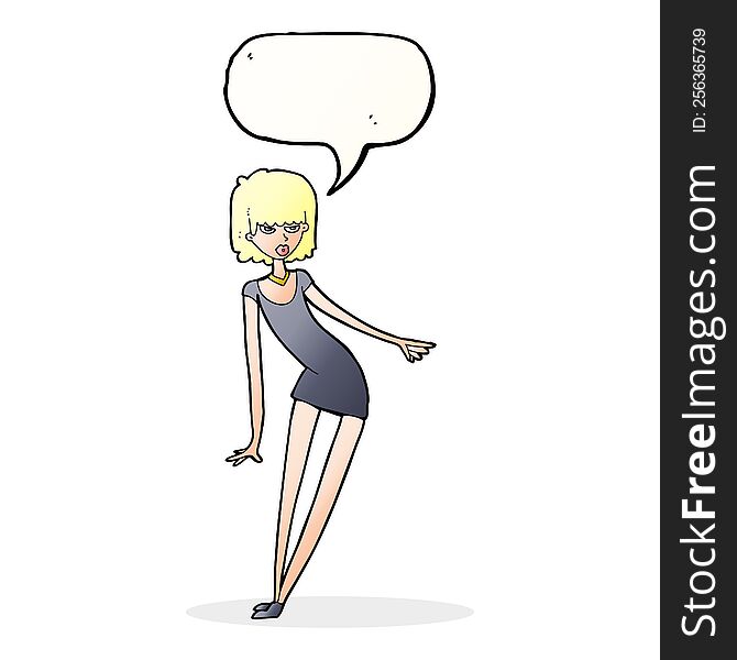 cartoon woman in dress leaning with speech bubble