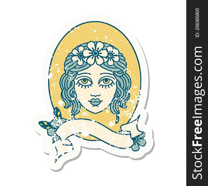 worn old sticker with banner of a maiden with flowers in her hair. worn old sticker with banner of a maiden with flowers in her hair