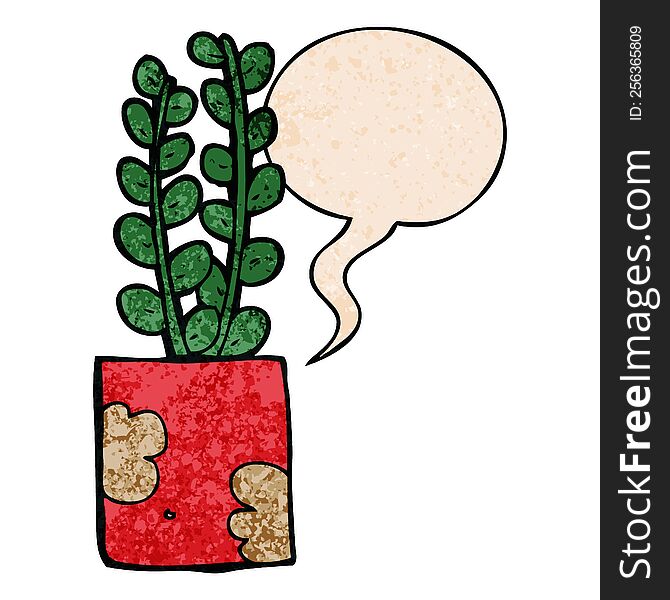 Cartoon Plant And Speech Bubble In Retro Texture Style