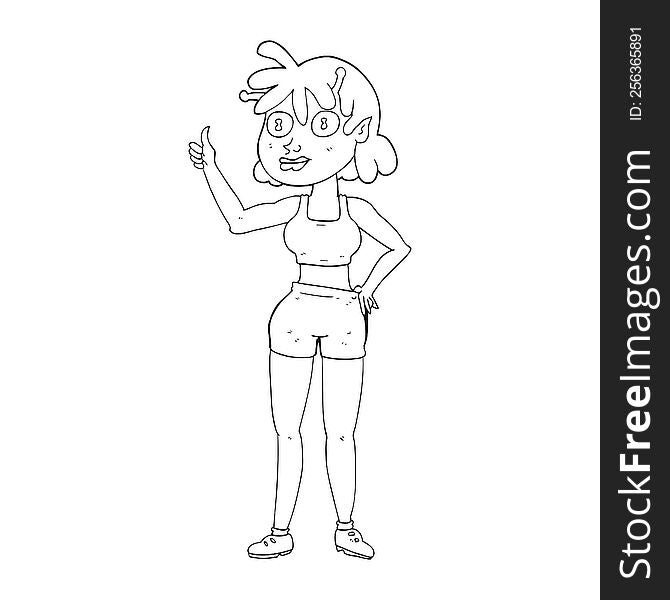 freehand drawn black and white cartoon alien gym girl