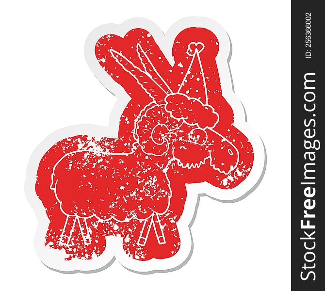 quirky cartoon distressed sticker of a goat wearing santa hat