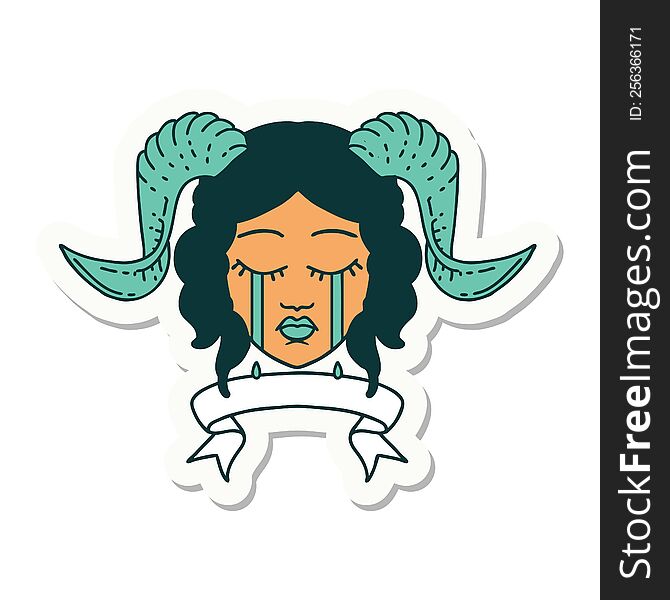 Crying Tiefling Character Face With Scroll Banner Sticker