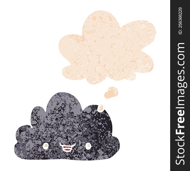 Cartoon Tiny Happy Cloud And Thought Bubble In Retro Textured Style