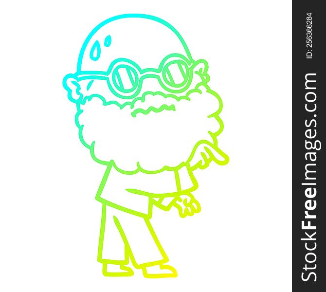 cold gradient line drawing of a cartoon worried man with beard and spectacles pointing finger