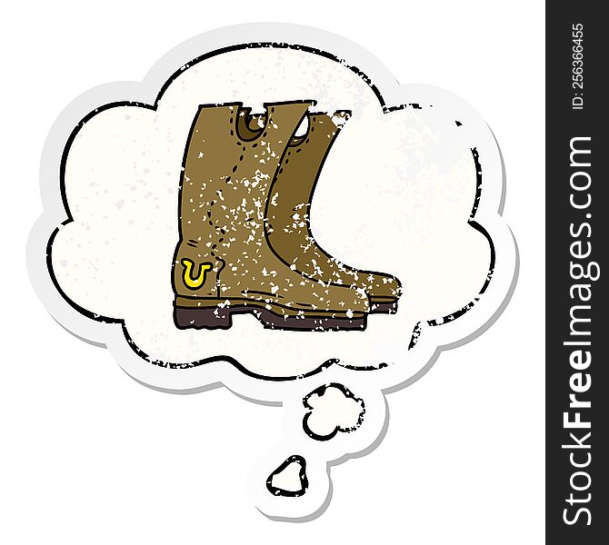 Cartoon Cowboy Boots And Thought Bubble As A Distressed Worn Sticker