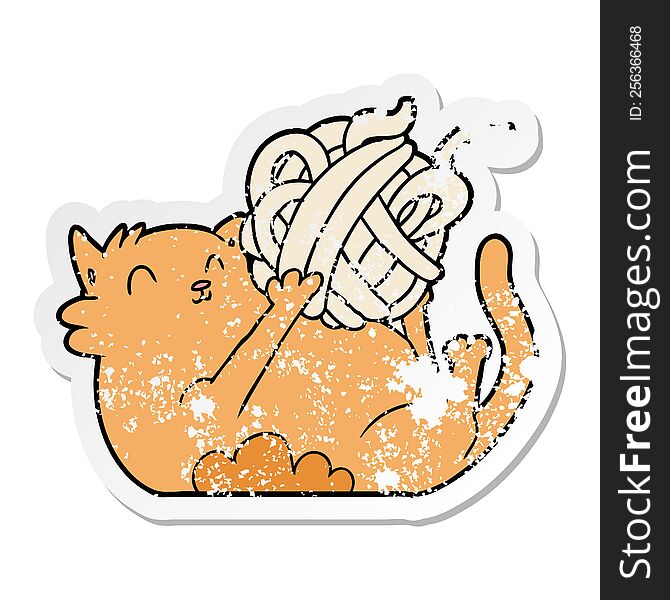 distressed sticker of a cartoon cat playing with ball of string