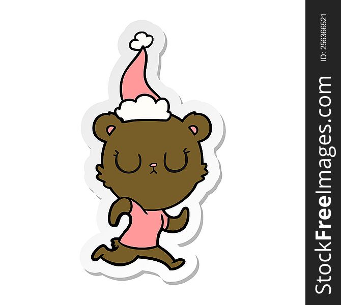 Peaceful Sticker Cartoon Of A Bear Running Wearing Santa Hat