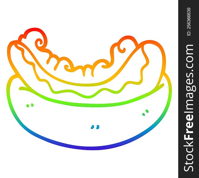 Rainbow Gradient Line Drawing Cartoon Hotdog In A Bun