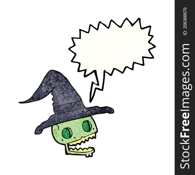 freehand drawn texture speech bubble cartoon skulll wearing witch hat. freehand drawn texture speech bubble cartoon skulll wearing witch hat